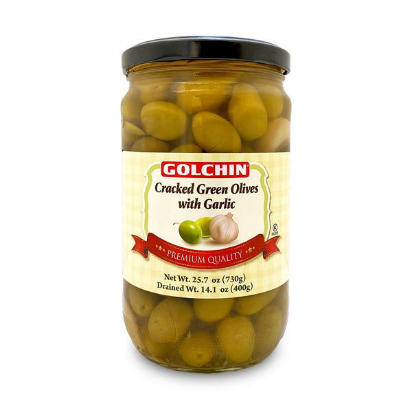 GOLCHIN CRACKED GREEN OLIVES W/GARLIC