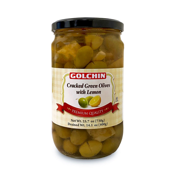 GOLCHIN CRACKED GREEN OLIVES W/LEMON